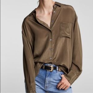 Zara Women 100% Silk Bottom Down Shirt Khaki Size L
